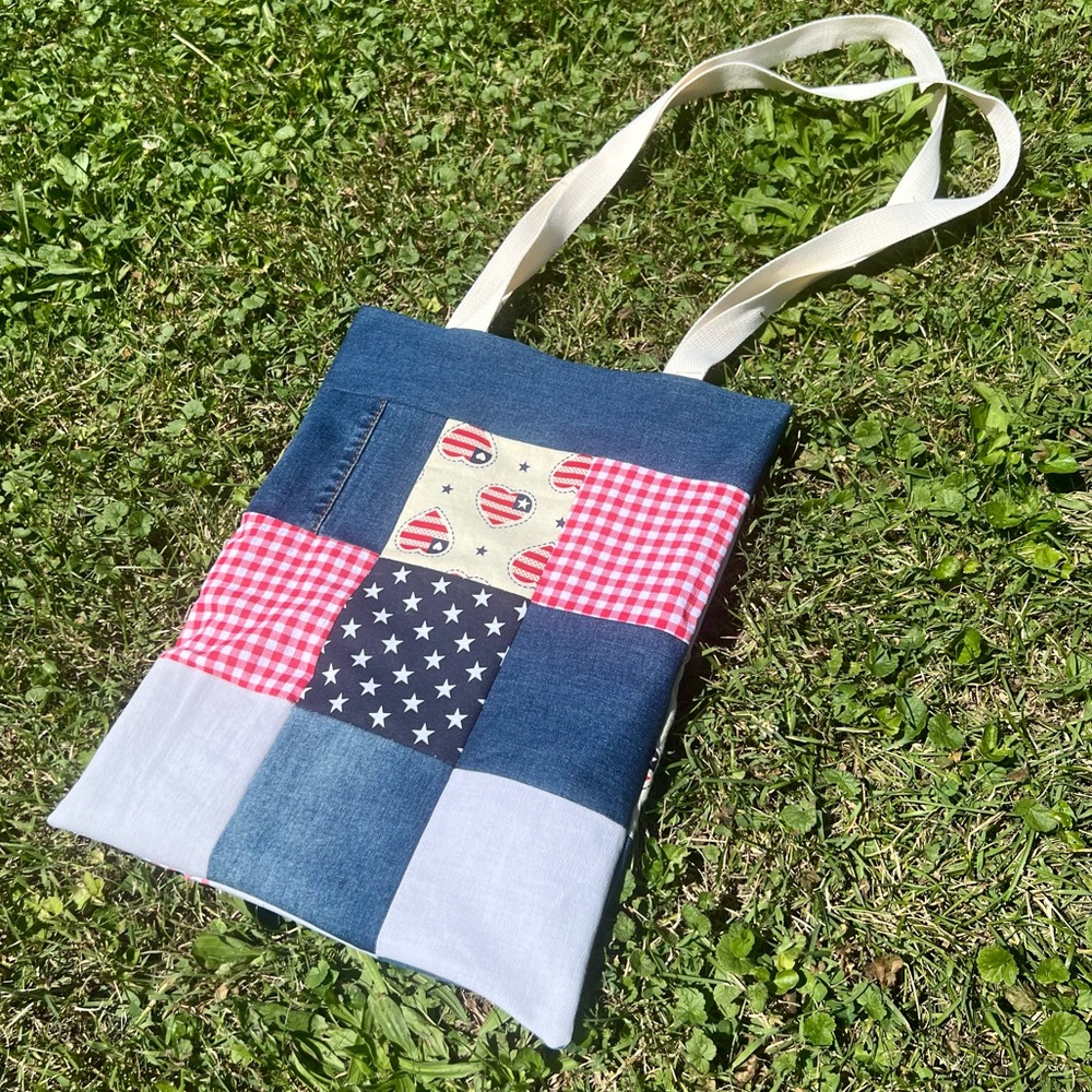 Handmade Patchwork Americana Tote - Blue, Red, and White
